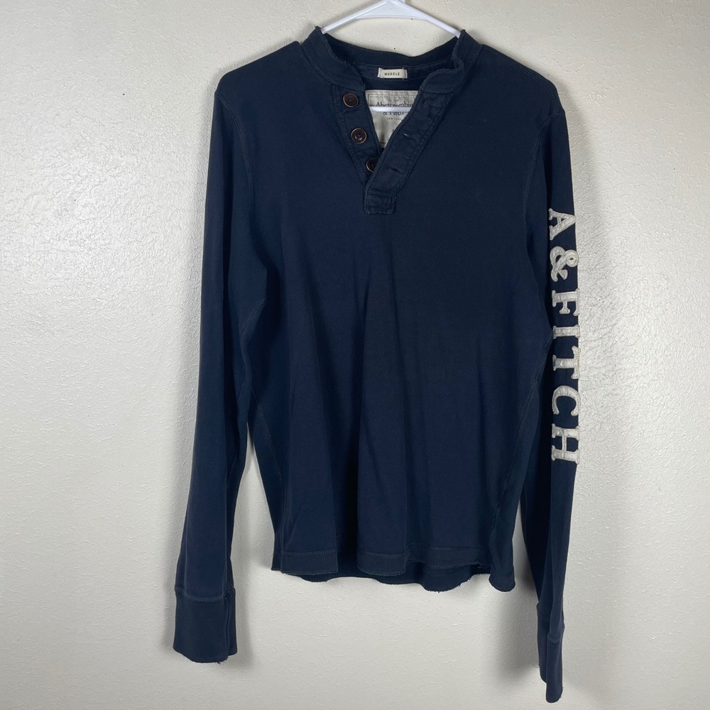 Abercrombie & Fitch Mens‎ Muscle Henley Shirt Navy Blue Long Sleeve Logo Large